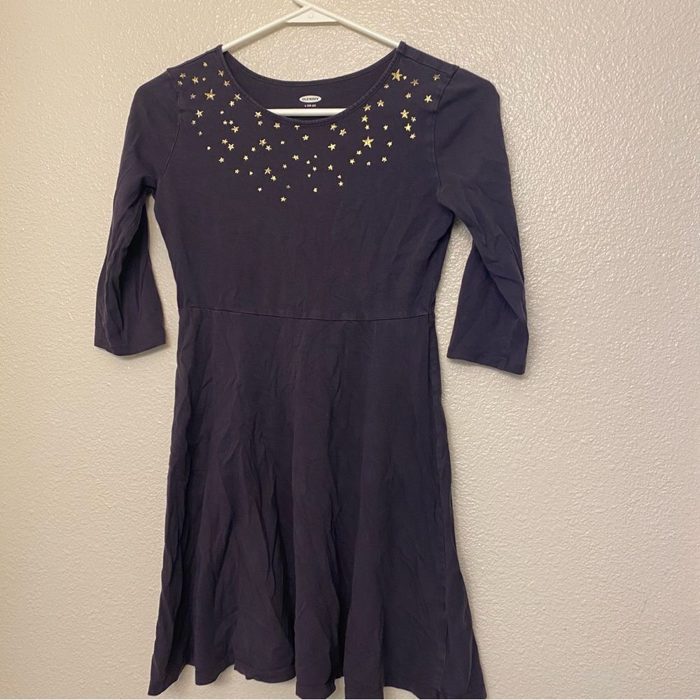 Old Navy Fit flare 3/4 long Sleeve basic Dress purple stars 100% cotton L 10-12